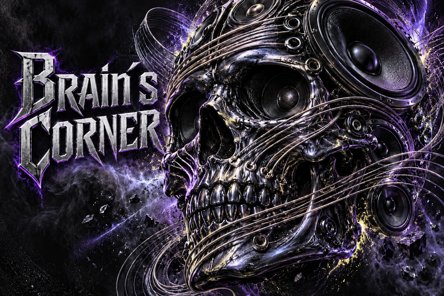 Brain´s Corner in silberner Schrift neben einem metallischen Schädel aus Gitarrensaiten, mit violetten Akzenten